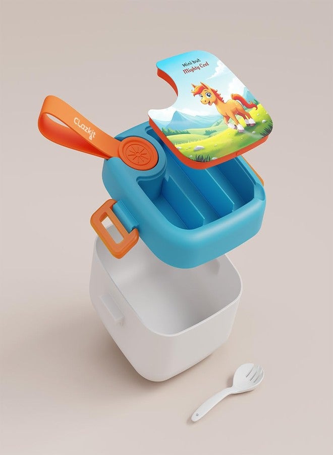 Clazkit Plastic Lunch Box with Spoon - Leak-Proof, BPA-Free 500 ml - Cute Giraffe Printed Design - Easy to Carry Food Container for Toddlers & Preschool - Blue - Image 2